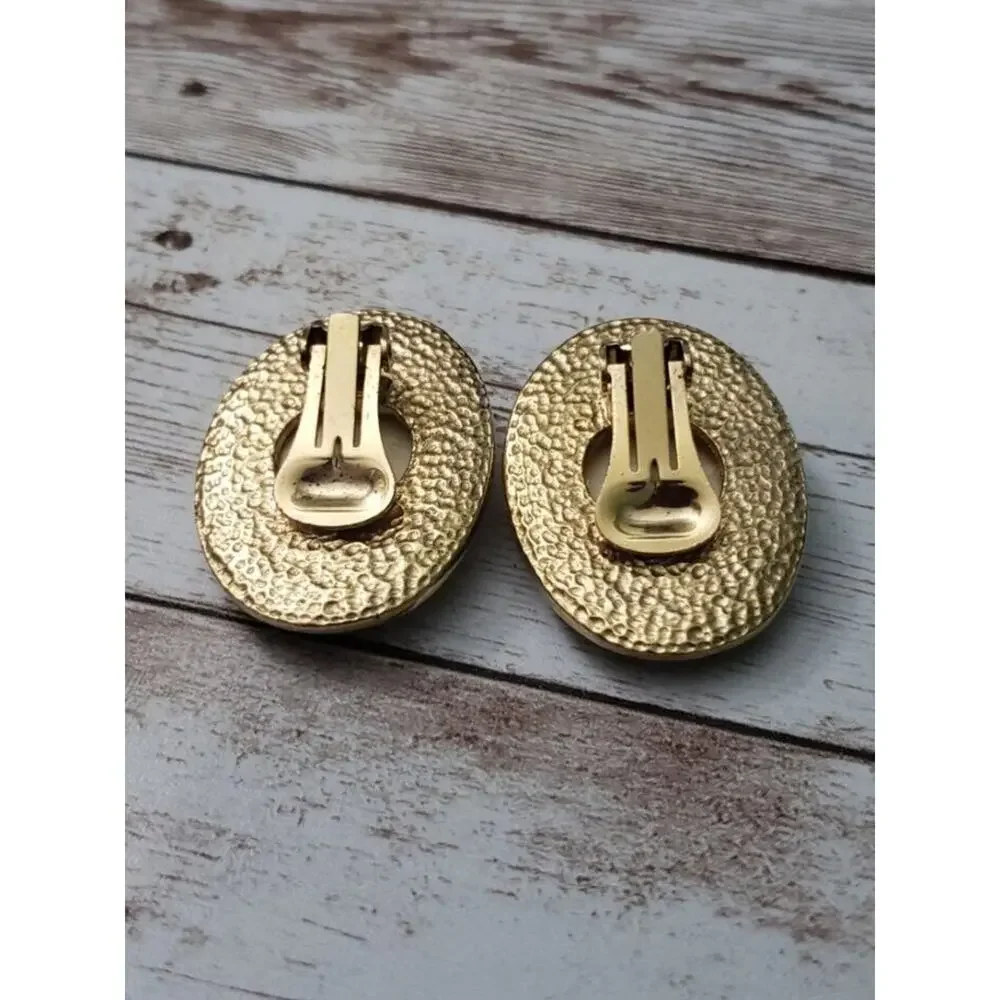 Vintage Clip On Earrings Statement Oval Shape Cream & Gold Tone Large